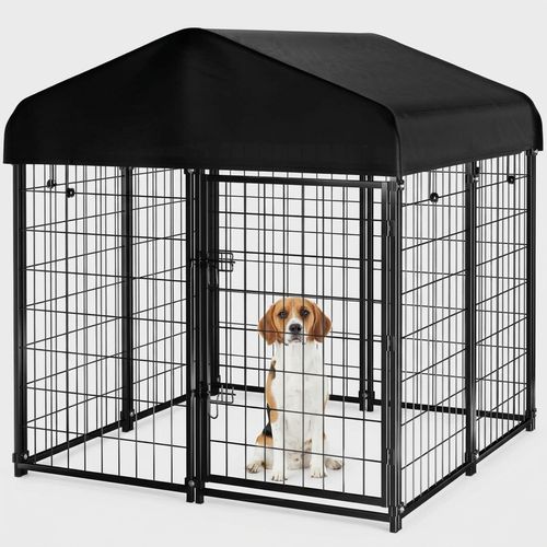 Dog Kennel Outdoor with Roof, 4'x4.2'x4.5' Welded Wire Dog Enclosures for Outside, Heavy Duty Dog Crate with UV-Resistant Waterproof Cover