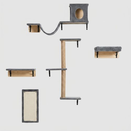 PawGiant Cat Wall Shelves, 5-in-1 Cat Furniture Set, Wooden Cat Climber with Perches, Condo House, Bed, Scratching Post & Board for 16inch Drywall and Solid Wall