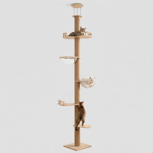 PawGiant Floor to Ceiling Cat Tree, Cat Tower with Adjustable Height 106-110", Sturdy 6-Tier Cat Climbing Stand with 2 Space Capsules & Scratching Posts, No Drilling for Indoor Multi-Cats